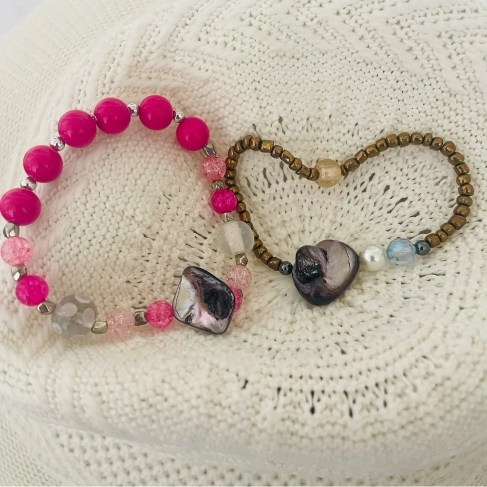 2 Bracelets Handmade Stretch beaded Mother of Pearl